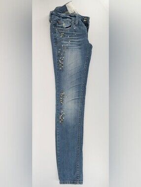 Medium-wash Blue Dollhouse Denim Jeans With Metallic Stud Embellishments